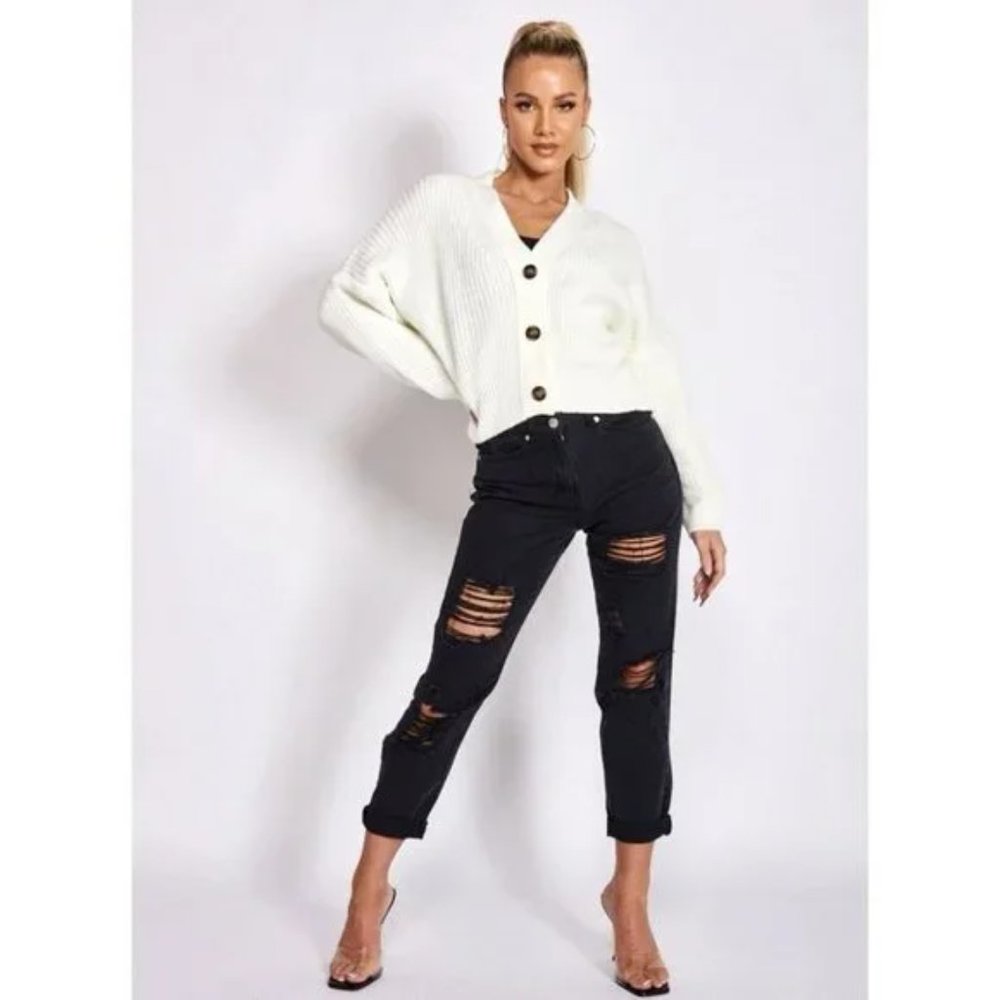 Knitted Long Sleeve V-Neck Loose Fit Cardigan Sweater - Picture 4 of 14